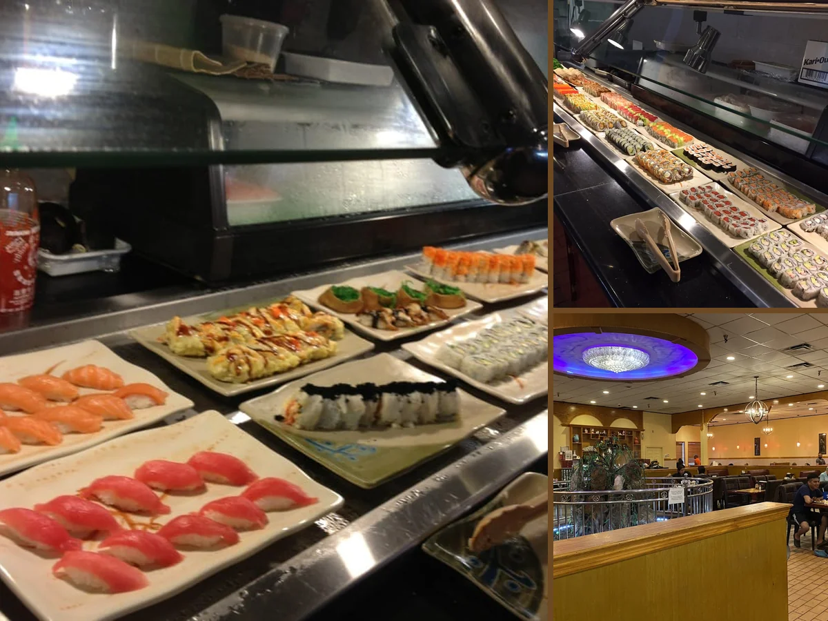 Buffet trays with sushi and hot pot selections
