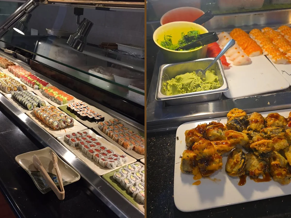 Restaurant seating beside a buffet service line