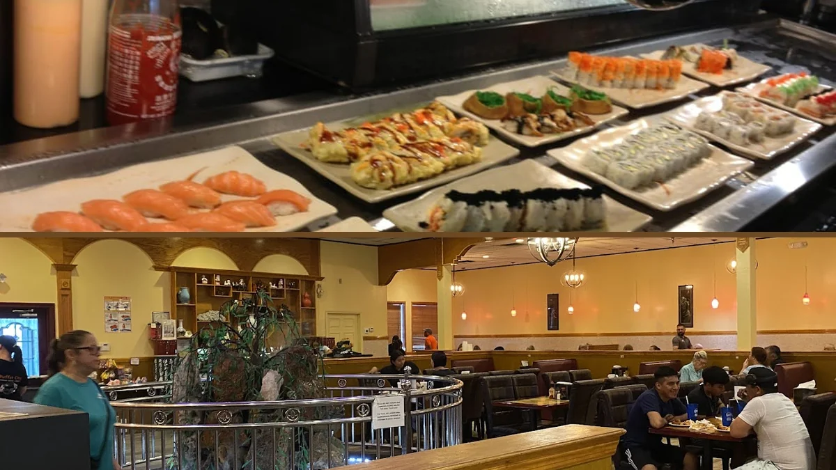 Buffet trays with sushi and hot pot selections