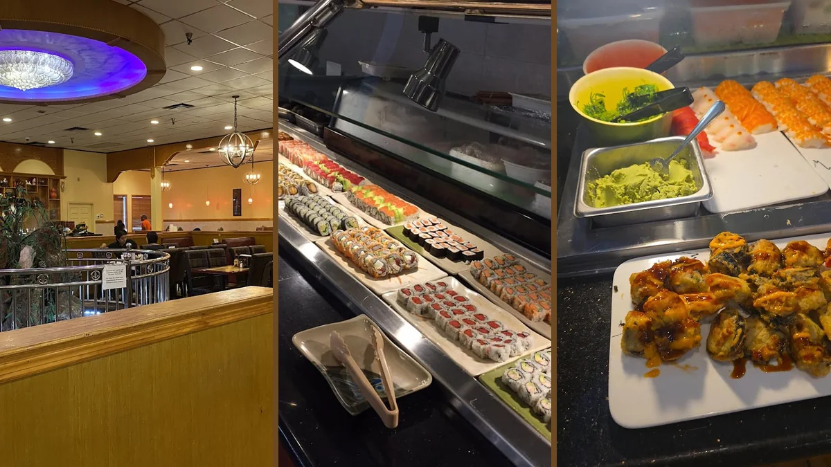 Asian buffet counters with assorted dishes