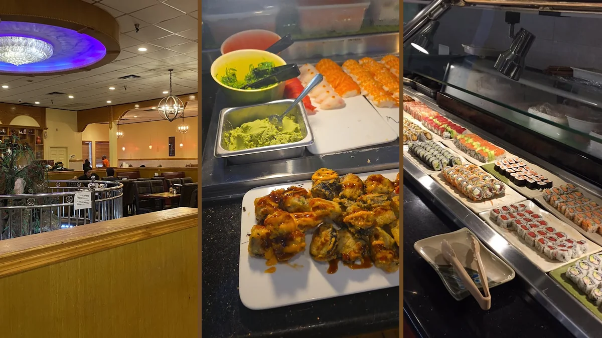 Restaurant seating beside a buffet service line