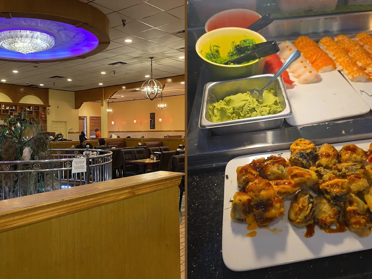 Buffet trays with sushi and hot pot selections